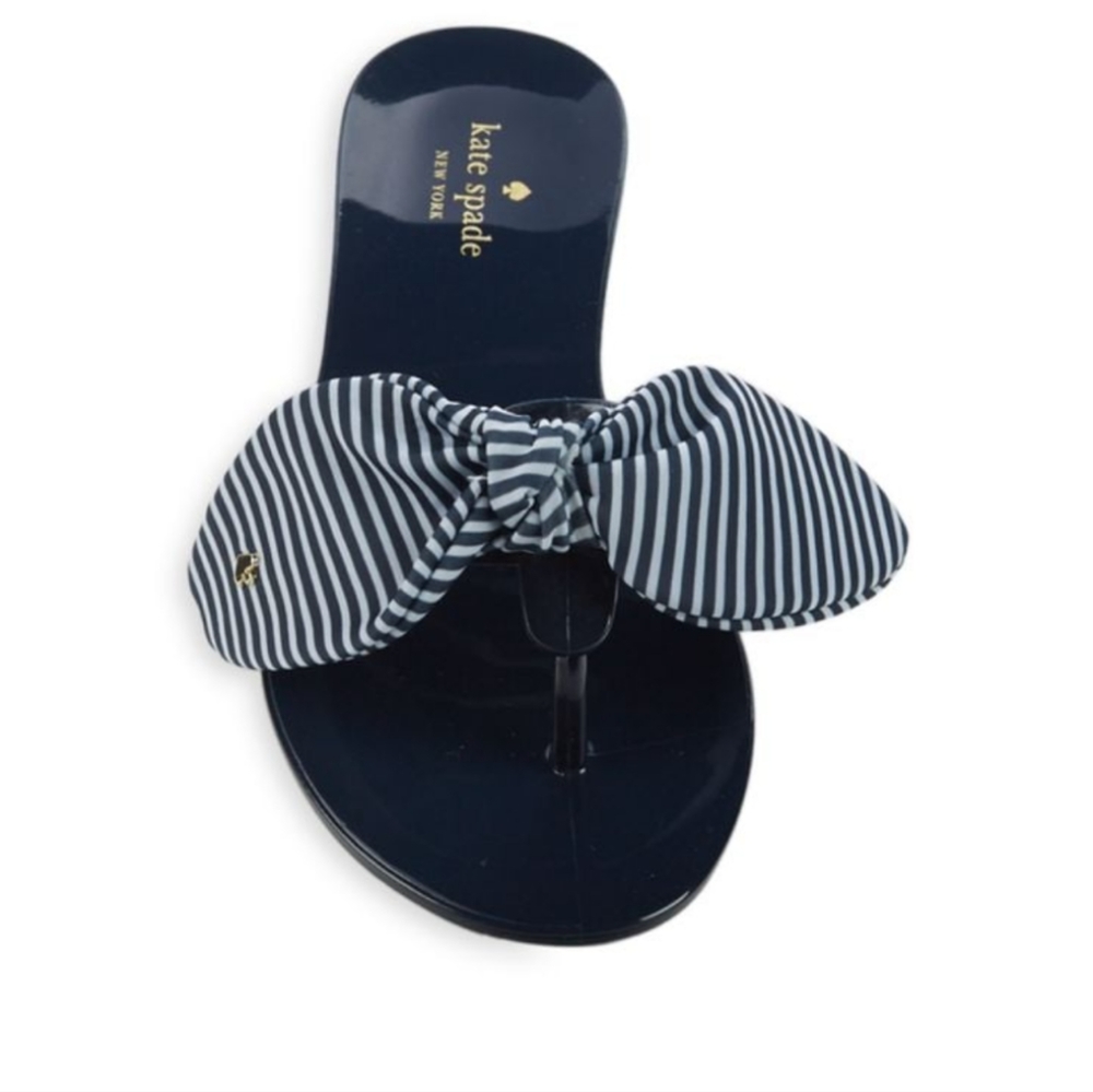 KATE SPADE Navy Blue Jelly Flip Flop Sandals Striped Fabric Bow Size 8 - Picture 14 of 15